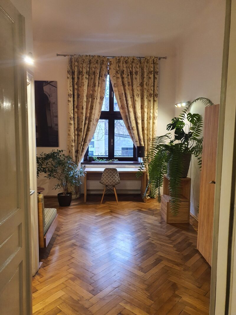 Gabinet z biurkiem, roślinami i parkietem w jodełkę